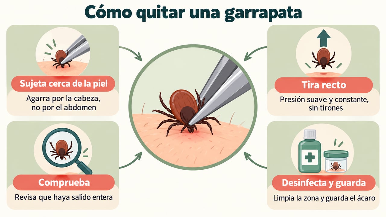 Los pasos clave con pinzas finas: sujetar cerca de la piel, tirar recto, comprobar y desinfectar.