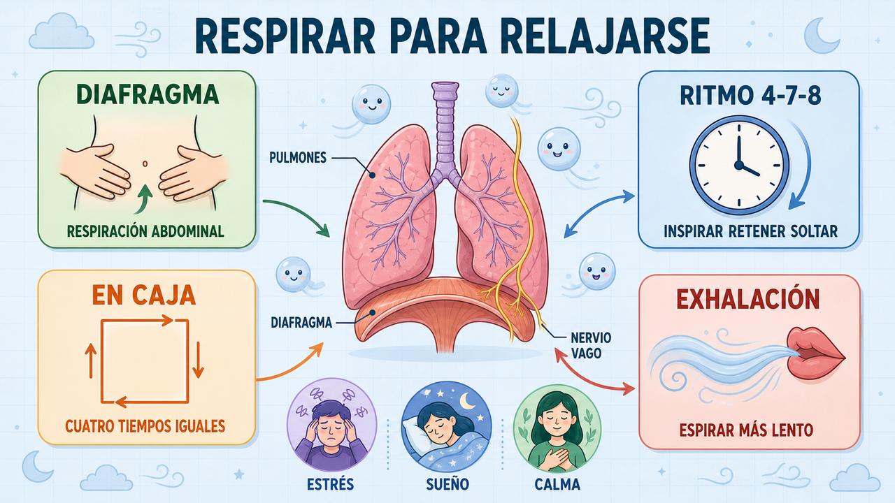 Respiración diafragmática, 4-7-8, en caja y exhalación prolongada: técnicas sencillas para relajar el sistema nervioso.