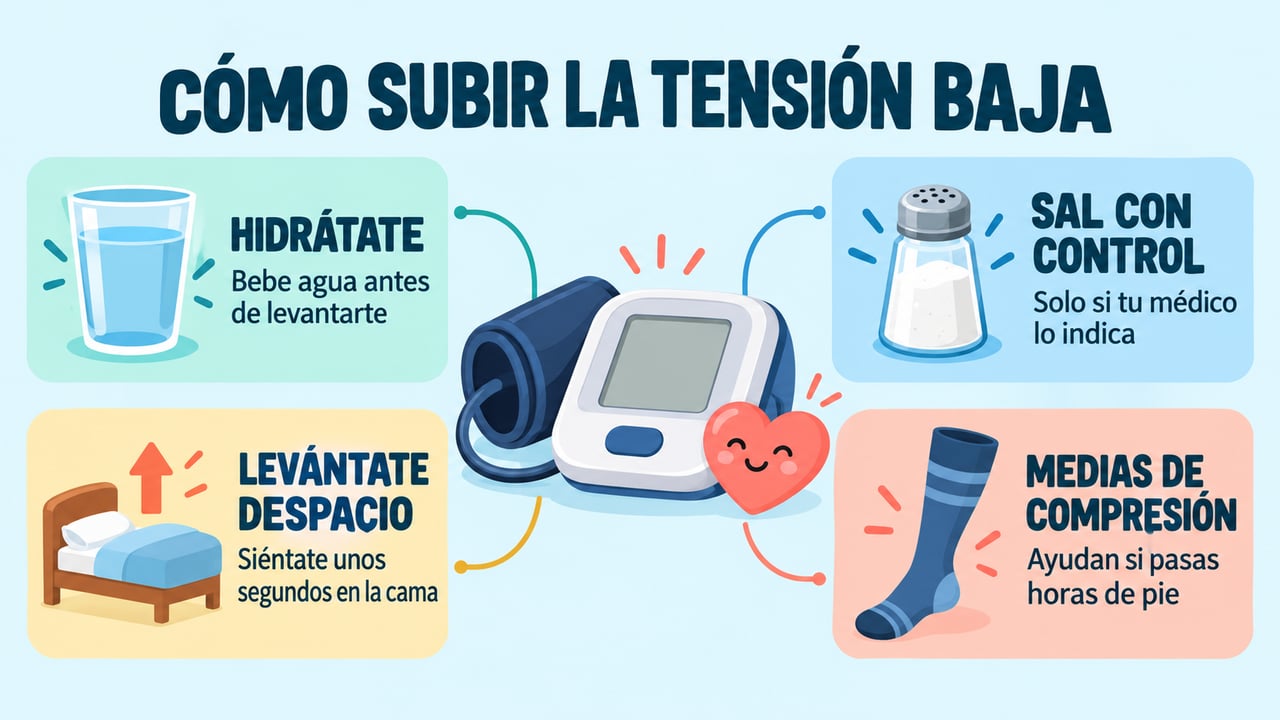 Cuatro hábitos para subir la tensión baja: hidratación, sal supervisada, cambios de postura lentos y medias de compresión.