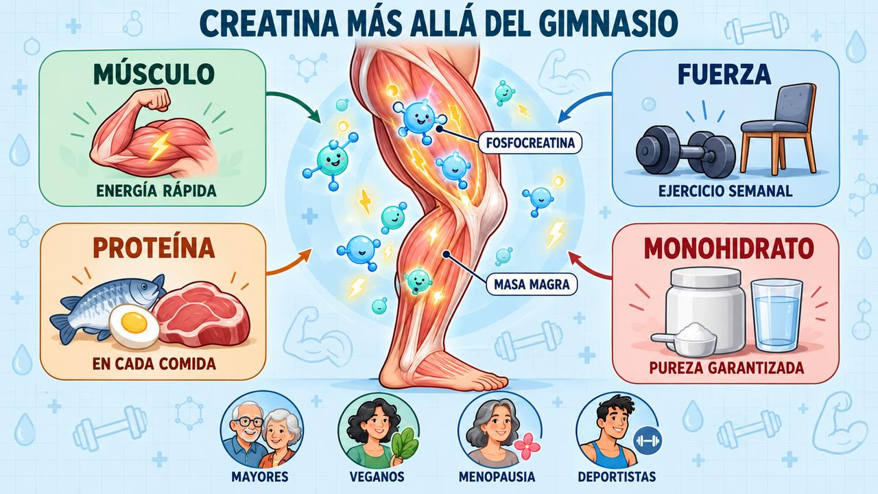 Músculo, fuerza, proteína y creatina monohidrato: los cuatro pilares para conservar masa muscular con la edad.