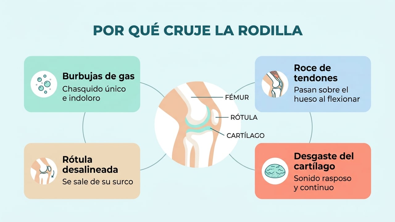Gas en el líquido sinovial, roce de tendones, rótula desalineada y desgaste del cartílago explican los crujidos.