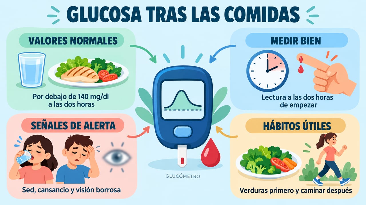 Valores de referencia, medición correcta, señales de alerta y hábitos para controlar la glucosa posprandial.