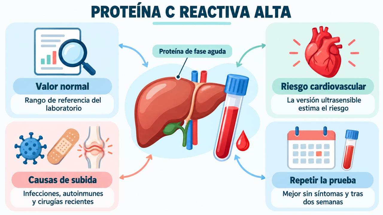 Valor normal, riesgo cardiovascular, causas de subida y cuándo repetir la prueba de la PCR.