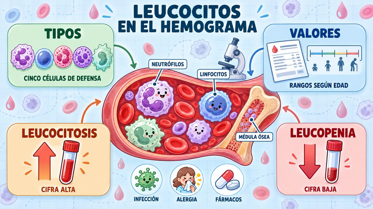 Tipos de leucocitos, valores de referencia, leucocitosis y leucopenia: claves para interpretar un hemograma.