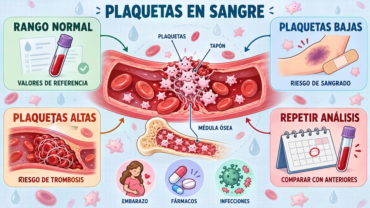 Cuatro claves sobre las plaquetas: rango normal, cifras bajas, cifras altas y repetición del análisis.