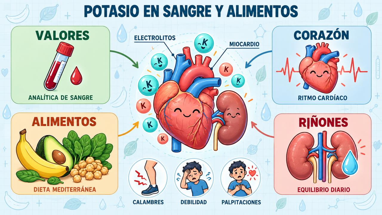 Valores en analítica, corazón, alimentos y riñones: los cuatro pilares para entender el potasio en sangre.