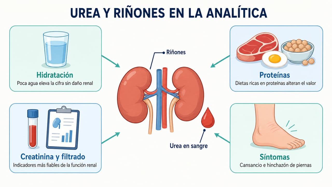 Hidratación, proteínas, creatinina y síntomas: las claves para interpretar la urea y la salud de los riñones.