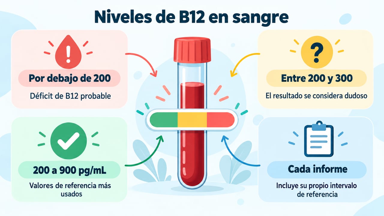 Rangos de B12 en sangre: déficit probable, resultado dudoso y valores de referencia habituales.