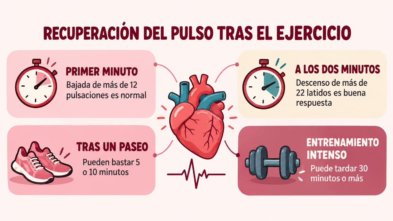 Tiempos de recuperación del pulso: primer minuto, dos minutos, tras un paseo y tras entrenar fuerte.