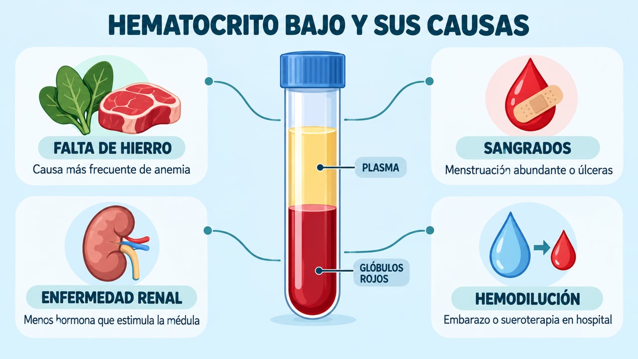 Falta de hierro, sangrados, enfermedad renal y hemodilución son las principales causas de un hematocrito bajo.