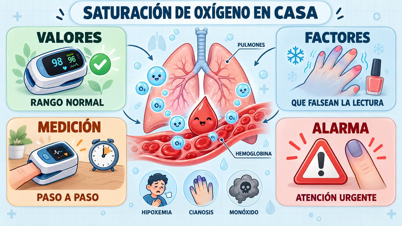 Valores normales, factores que falsean la lectura, método de medición y señales de alarma del pulsioxímetro.