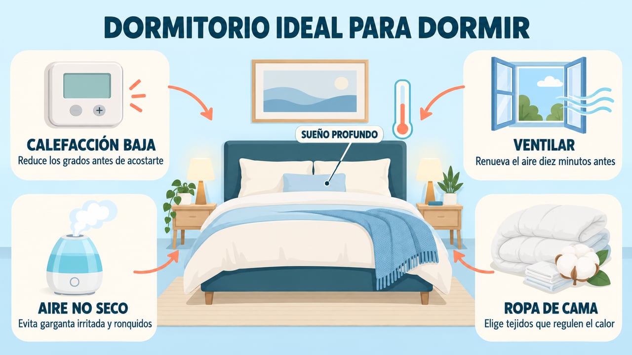 Cuatro ajustes para un dormitorio ideal: calefacción baja, ventilación, humedad adecuada y ropa de cama transpirable.