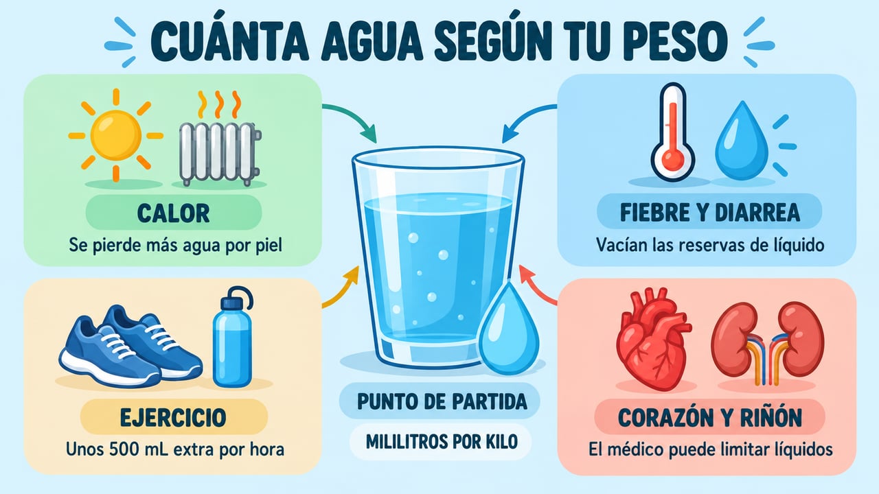 Calor, fiebre, ejercicio y enfermedades del corazón o el riñón modifican la cifra de agua según el peso.