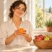 Una naranja entera en la cocina: la fruta con fibra, no el zumo, es lo que cuenta.