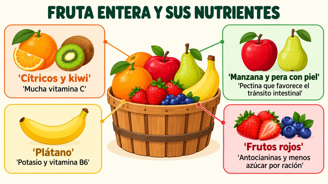 Cítricos, manzana y pera, plátano y frutos rojos aportan fibra, vitaminas y minerales distintos.