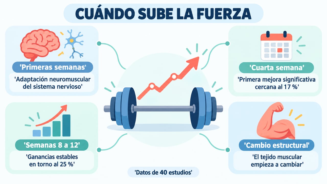 La fuerza mejora hacia la cuarta semana y se estabiliza entre las semanas 8 y 12.
