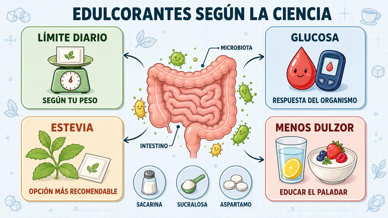 Cuatro claves sobre edulcorantes: límite diario, efecto en la glucosa, estevia y menos dulzor.