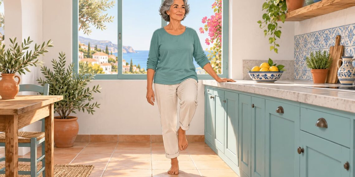 Con una mano cerca de la encimera, el equilibrio sobre una pierna revela tu estabilidad según la edad.