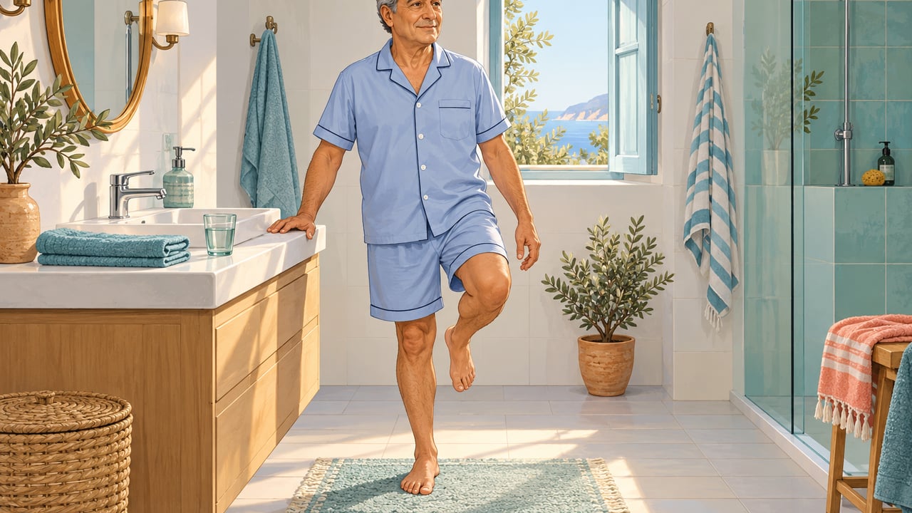 Practicar el apoyo sobre una pierna junto al lavabo ayuda a ganar segundos de equilibrio.