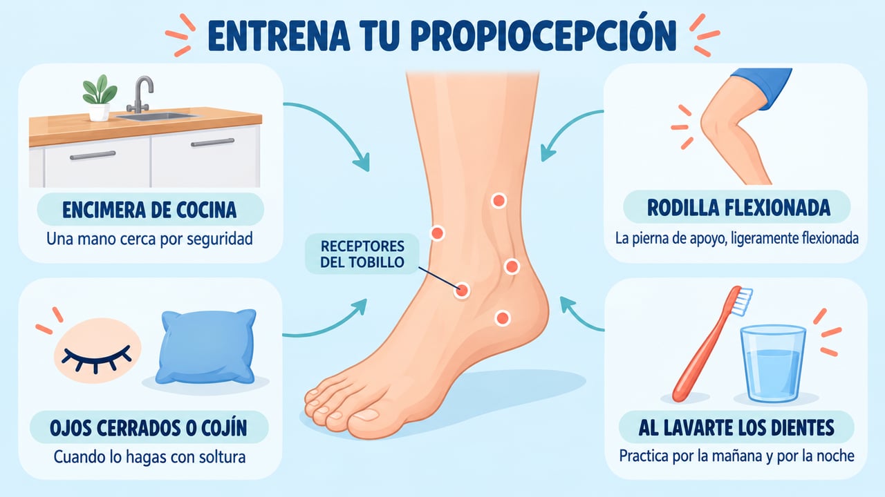 Encimera, rodilla flexionada, ojos cerrados o cojín y práctica diaria para entrenar la propiocepción.