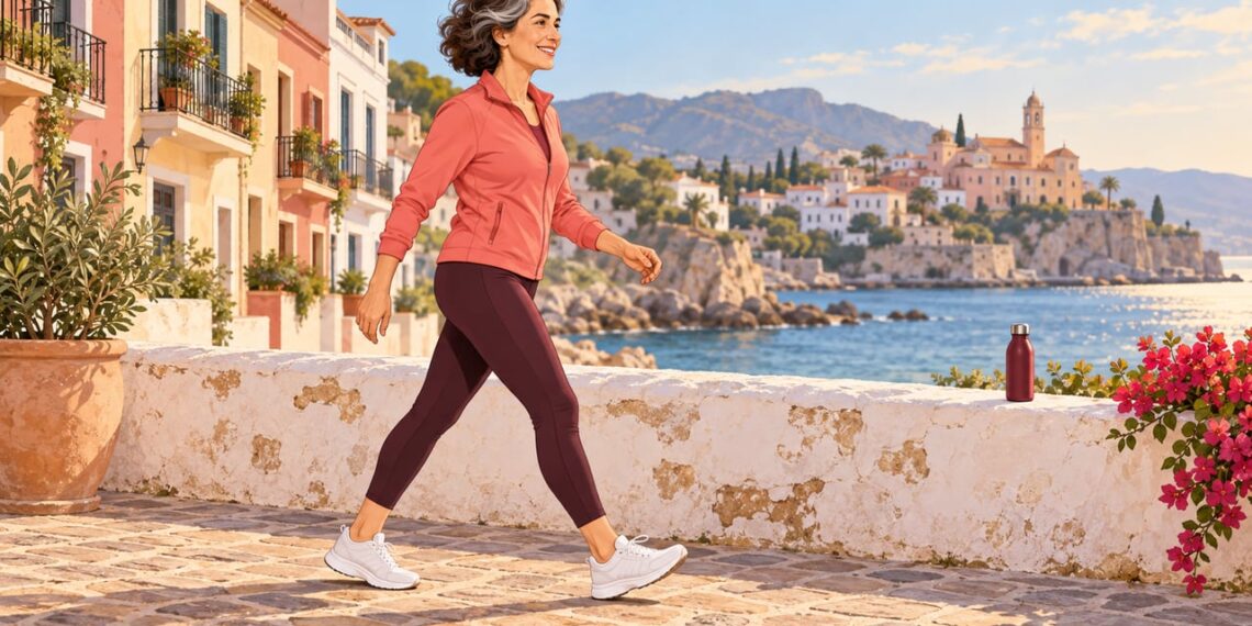 Una mujer camina a paso rápido por un paseo mediterráneo para cuidar su corazón cada día.