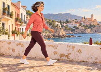 Una mujer camina a paso rápido por un paseo mediterráneo para cuidar su corazón cada día.