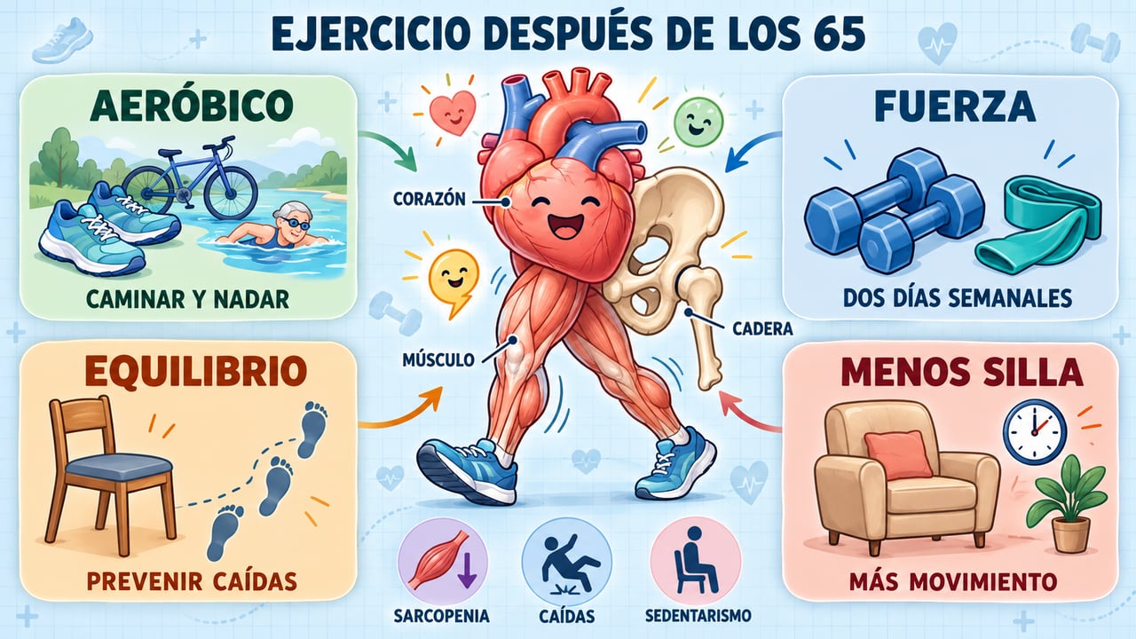 Cuatro pilares para mayores de 65: ejercicio aeróbico, fuerza, equilibrio y menos tiempo sentado.