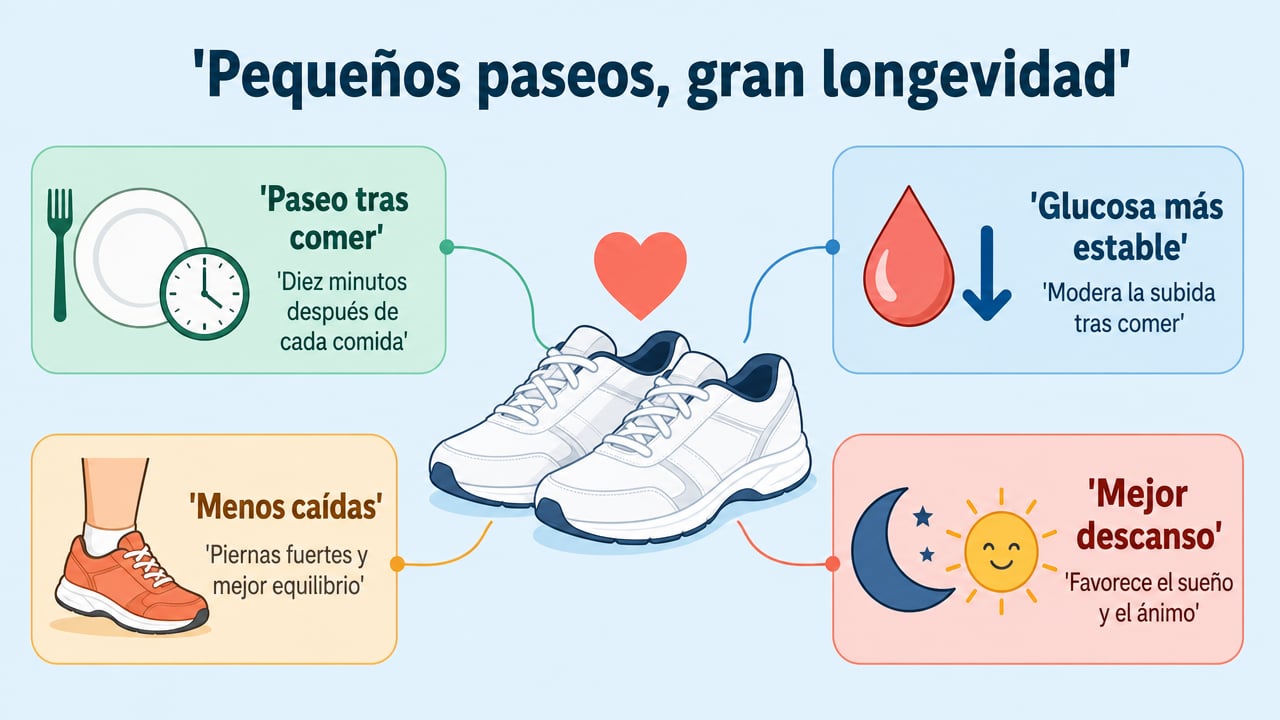 Los paseos tras las comidas estabilizan la glucosa, previenen caídas y mejoran el descanso y el ánimo.