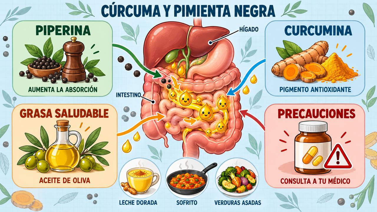 Piperina, curcumina, grasa saludable y precauciones: las claves para tomar cúrcuma con pimienta negra.