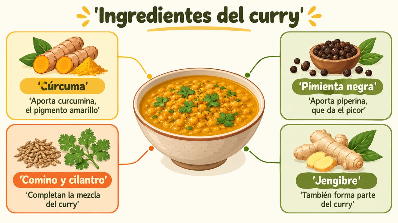 El curry reúne cúrcuma, pimienta, comino, cilantro y jengibre en un solo condimento.