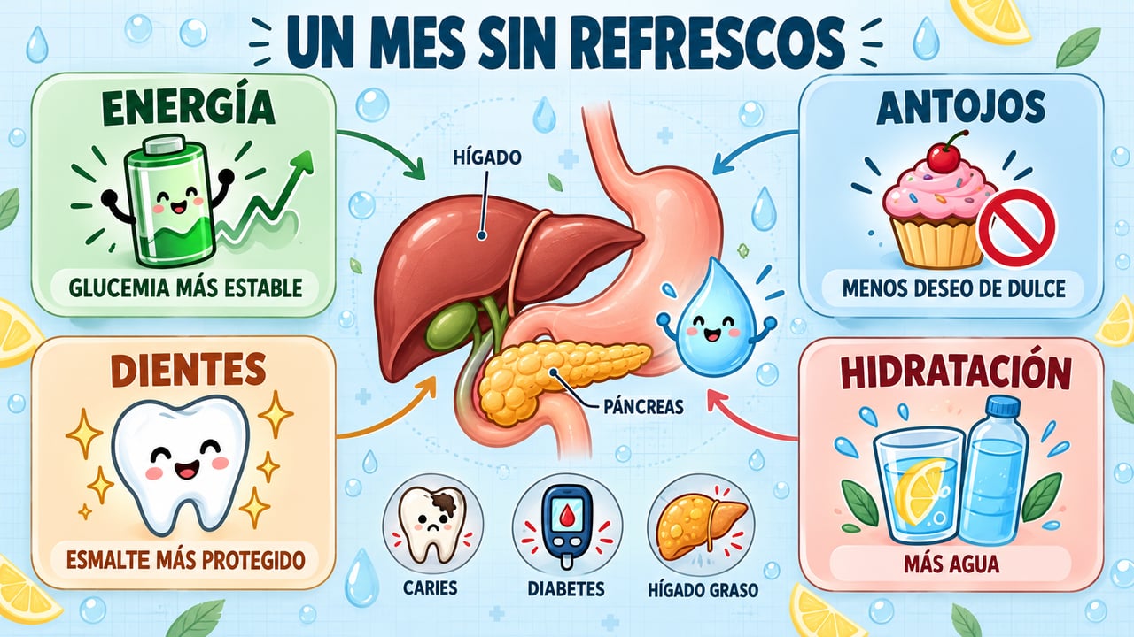 Cuatro cambios tras un mes sin refrescos: energía estable, menos antojos, dientes protegidos y mejor hidratación.
