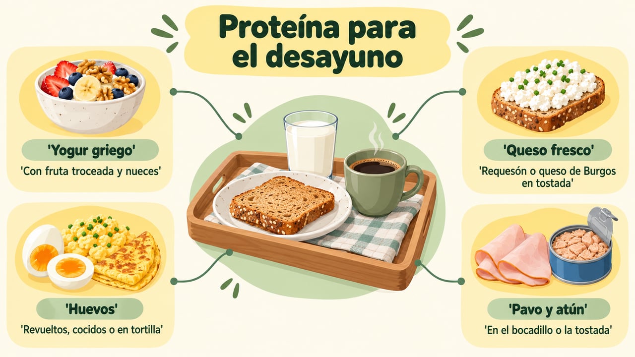 Yogur griego, queso fresco, huevos, pavo y atún: opciones sencillas para subir la proteína del desayuno.