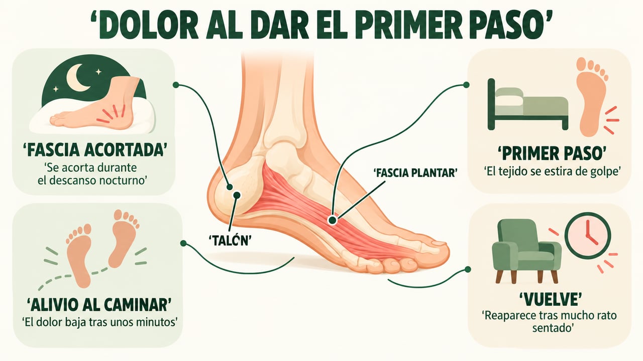 La fascia plantar se acorta de noche y el primer paso del día duele más.