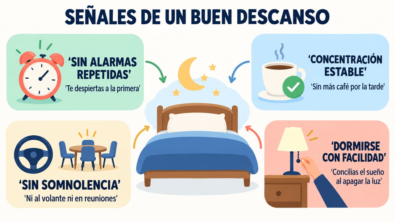 Cuatro señales de un buen descanso: despertar fácil, concentración estable, sin somnolencia y conciliar rápido.