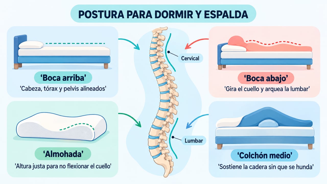 Alineación de la columna, giro del cuello, altura de la almohada y firmeza del colchón.