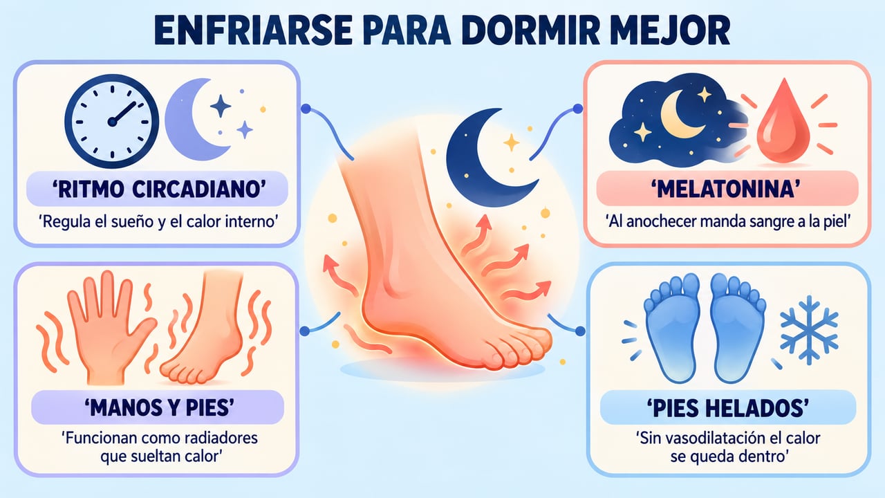 Ritmo circadiano, melatonina y vasodilatación en manos y pies explican por qué el cuerpo se enfría para dormir.