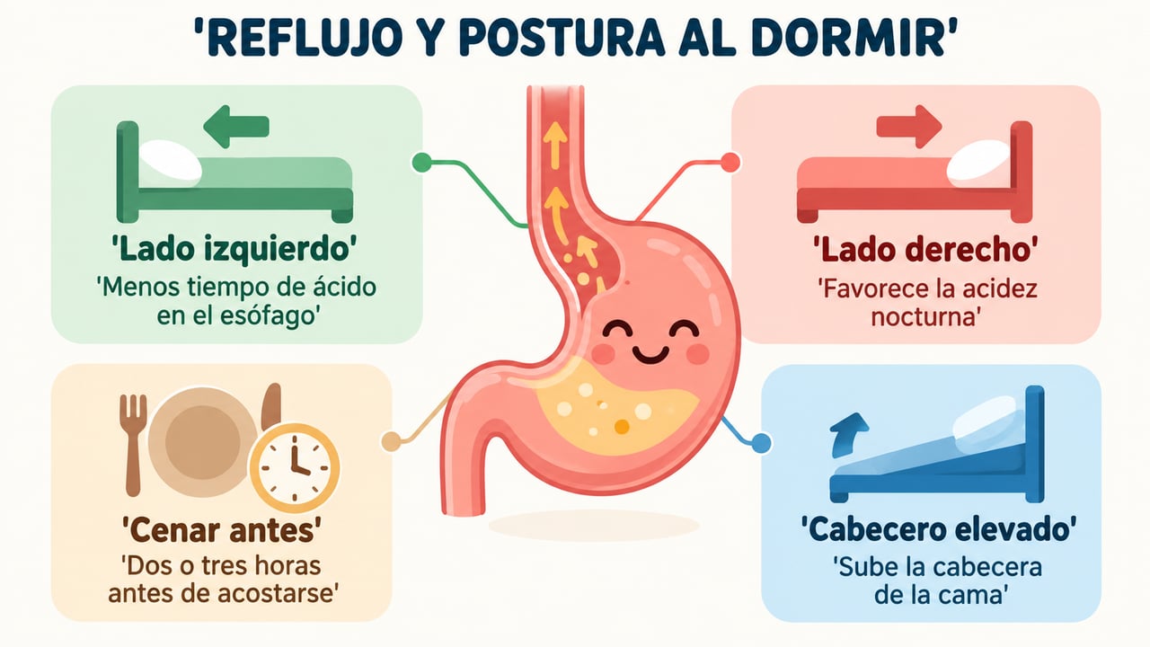 Lado izquierdo, cena temprana y cabecero elevado: claves para reducir el reflujo gastroesofágico por la noche.