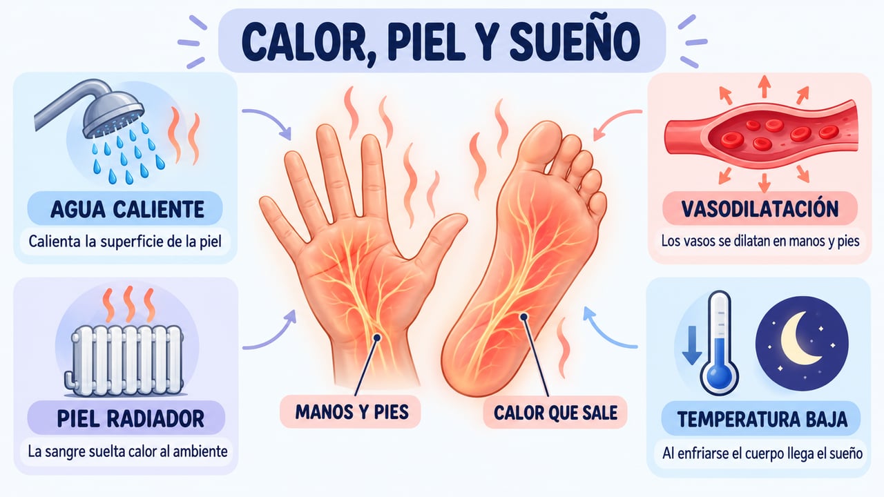 Del agua caliente a la vasodilatación: la piel suelta calor y la temperatura corporal baja.