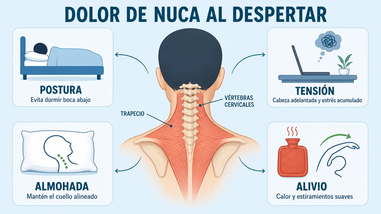 Postura al dormir, tensión muscular, almohada y alivio con calor y estiramientos explican el dolor cervical matutino.