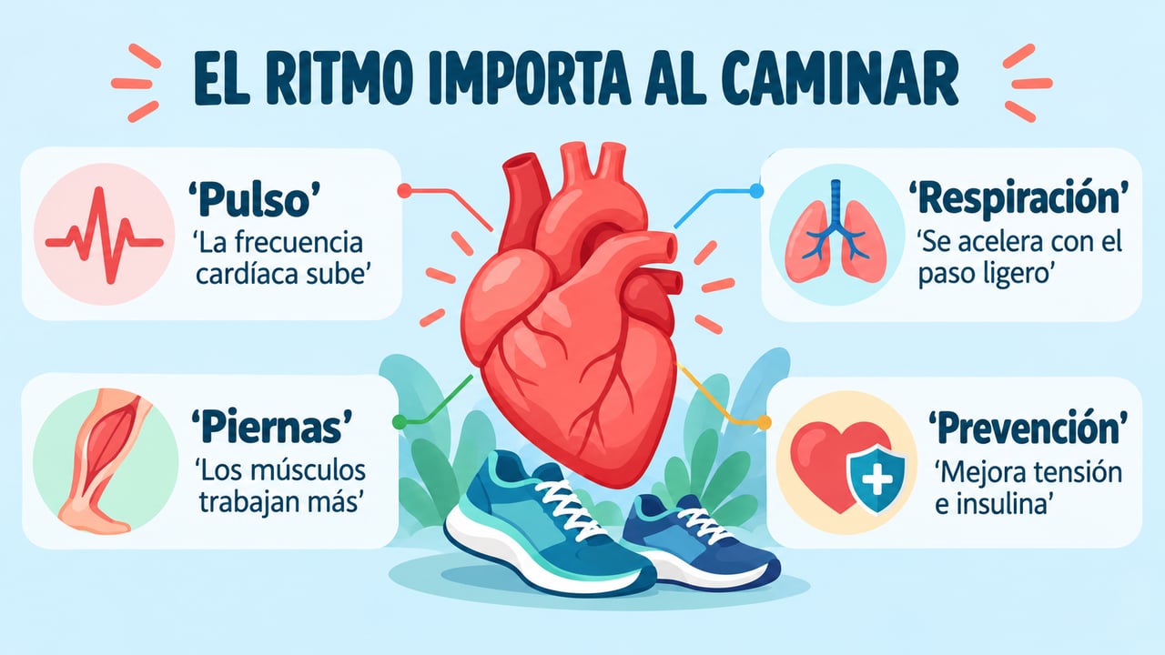 Un paso ligero acelera el pulso y la respiración, activa las piernas y previene el infarto.