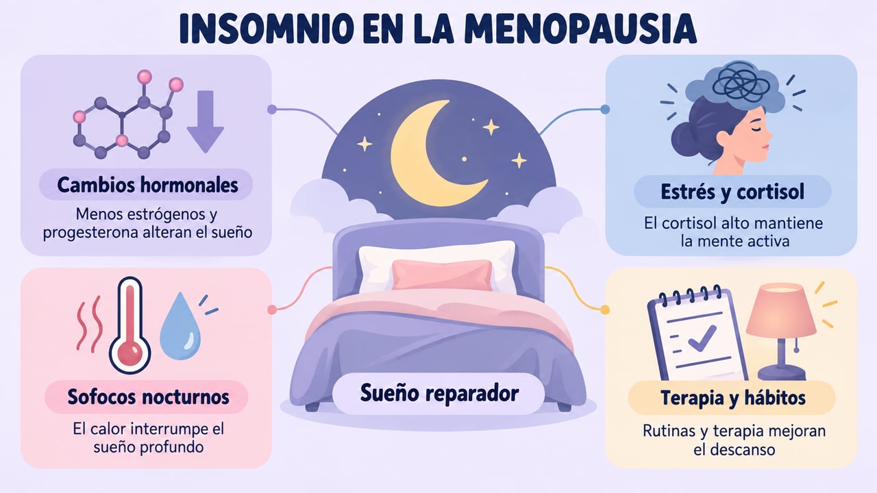 Hormonas, estrés, sofocos nocturnos y hábitos con terapia explican y ayudan a mejorar el sueño.