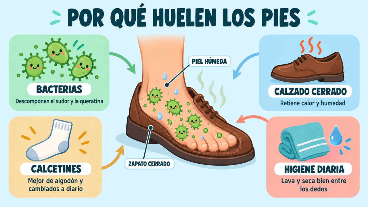 Bacterias, calzado cerrado, calcetines adecuados e higiene diaria explican el olor de pies y su prevención.
