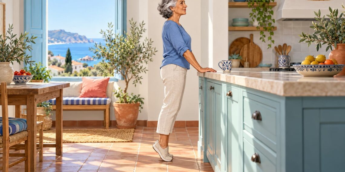 Elevar los talones con las rodillas ligeramente flexionadas entrena el sóleo desde la cocina de casa.