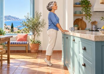 Elevar los talones con las rodillas ligeramente flexionadas entrena el sóleo desde la cocina de casa.