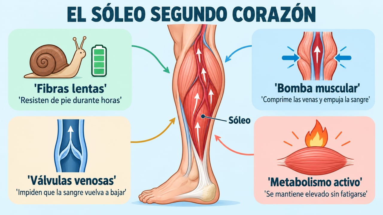 El sóleo actúa como segundo corazón gracias a sus fibras lentas, su bomba muscular y las válvulas venosas.