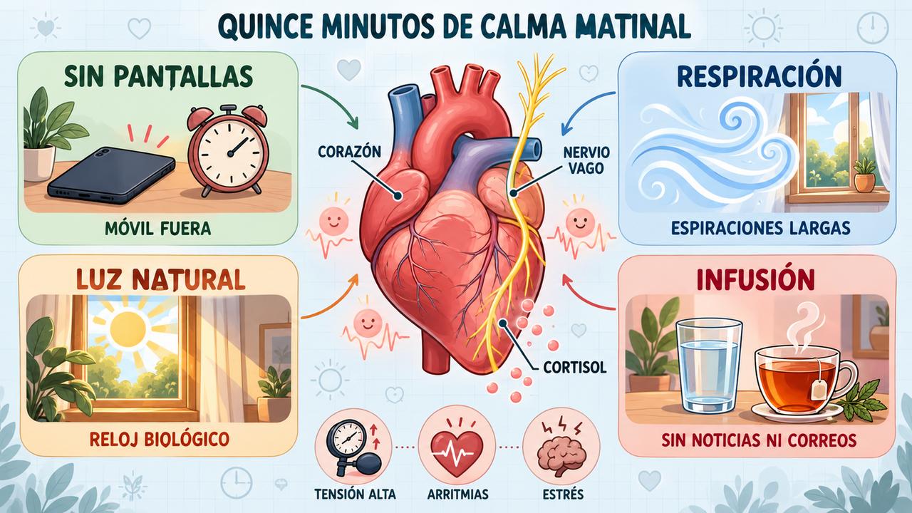 Cuatro pautas para una mañana tranquila: sin pantallas, respiración lenta, luz natural y una infusión.