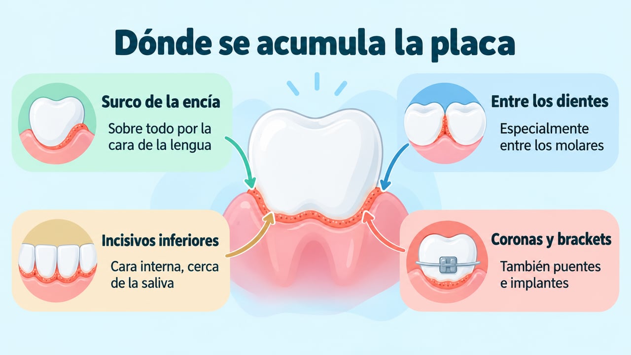 Surco gingival, espacios entre dientes, incisivos inferiores y coronas: donde más se acumula la placa.