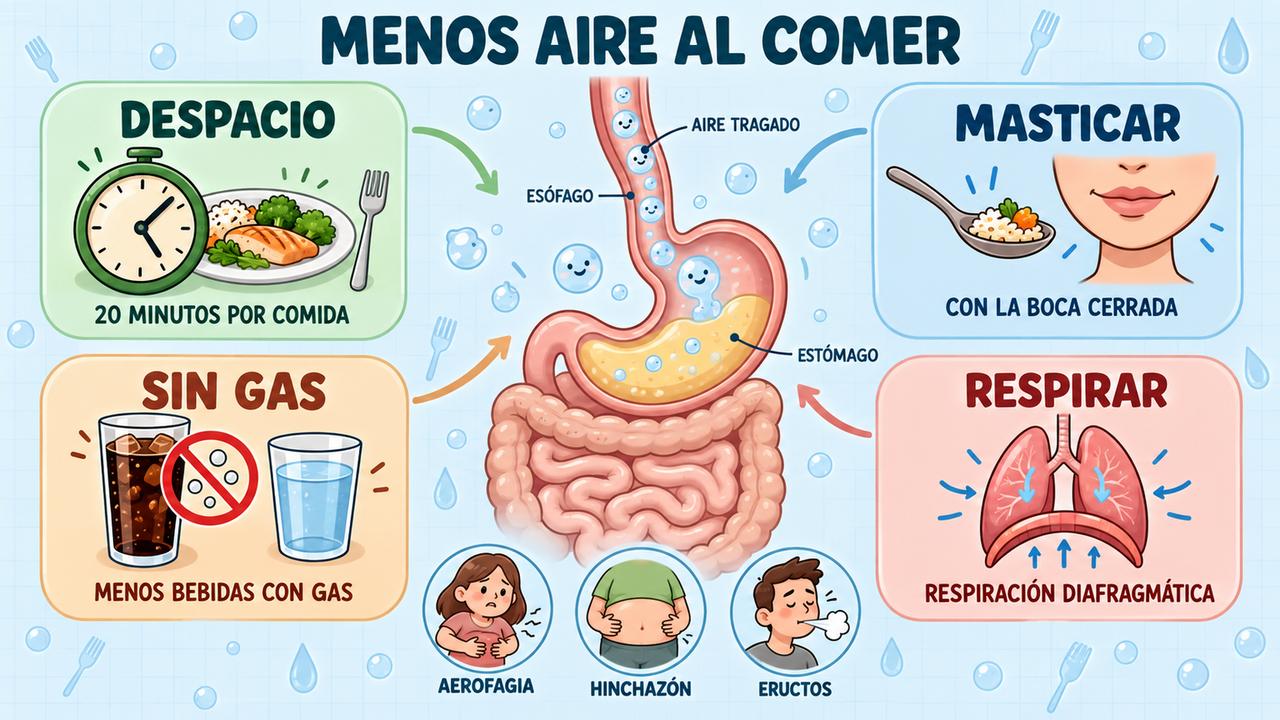 Cuatro pilares contra la aerofagia: comer despacio, masticar bien, limitar el gas y respirar con el diafragma.