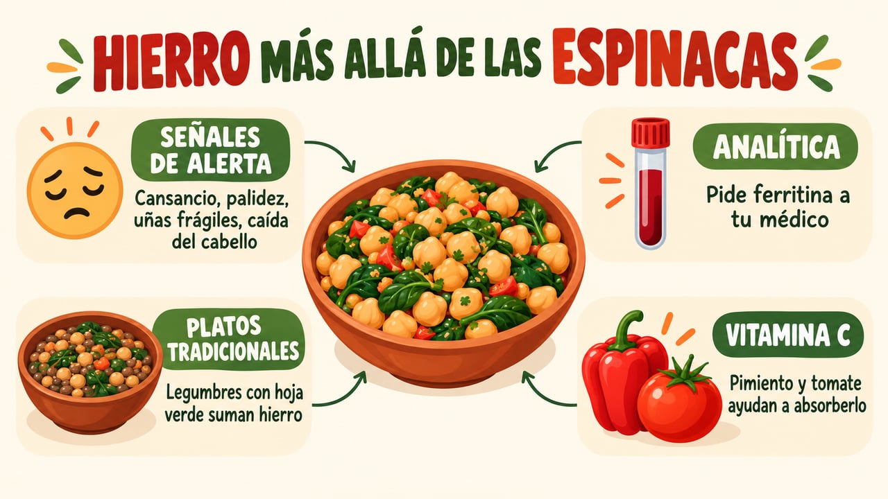 Señales de alerta, analítica con ferritina, legumbres con hoja verde y vitamina C frente a la falta de hierro.