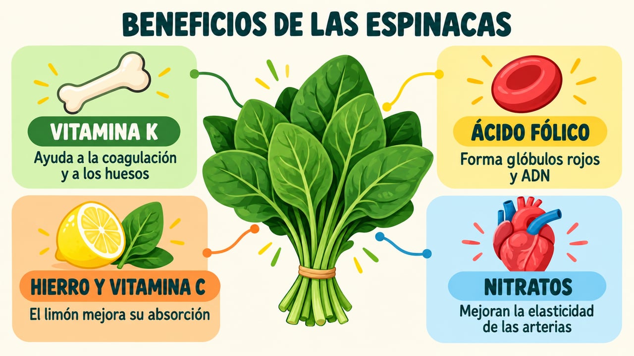 Vitamina K, ácido fólico, hierro con vitamina C y nitratos: lo que aportan las espinacas.